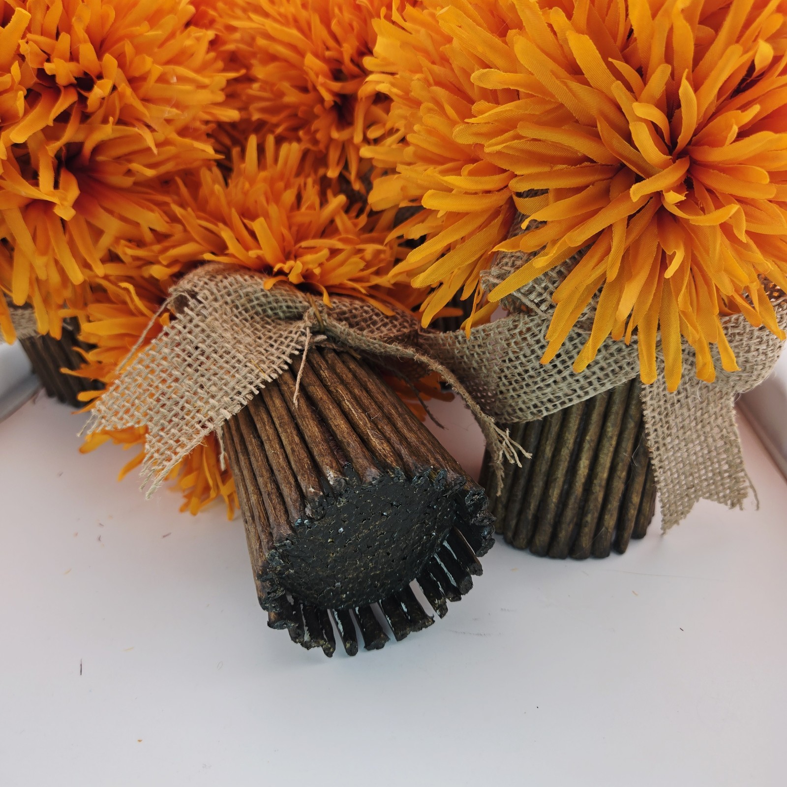 Orange Mum Artificial Floral Arrangement Lot of 6 Natural Vase 9″