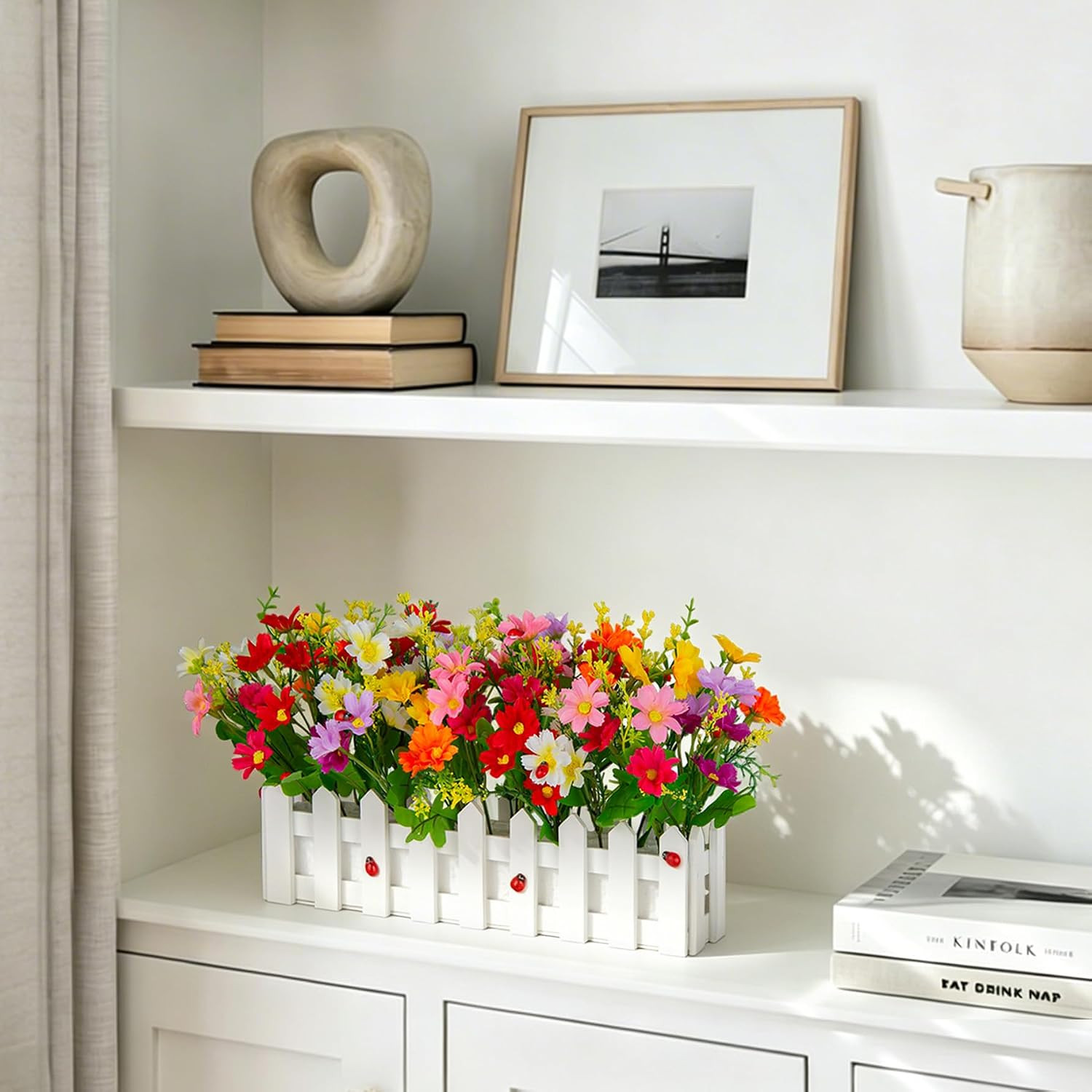Artificial Flower Plants – Mixed Color Daisies in Picket Fence Pot for Indoor Of