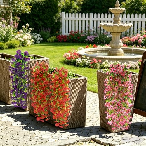 6 PCS Artificial Hanging Pansy Flowers, Silk Flowers for Outside, UV Red
