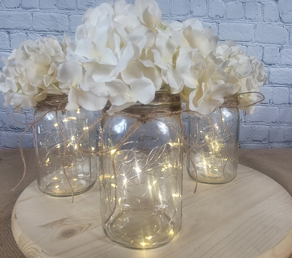 Lighted Mason Jar Centerpiece Set with Jute Bow and Floral Stems