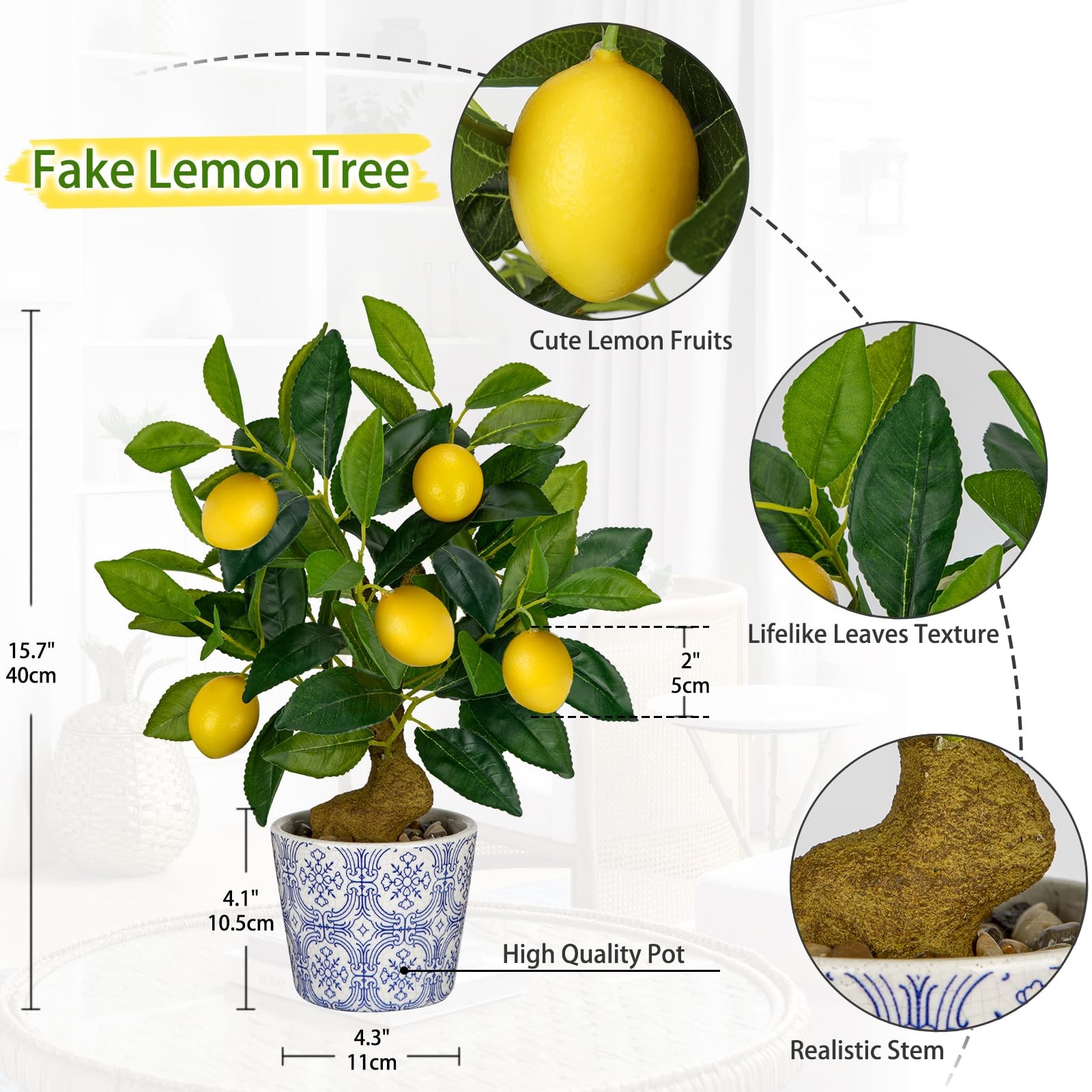Artificial Small Fake Lemon Citrus Tree With Blue & White Pot Fits 15.7 Inch