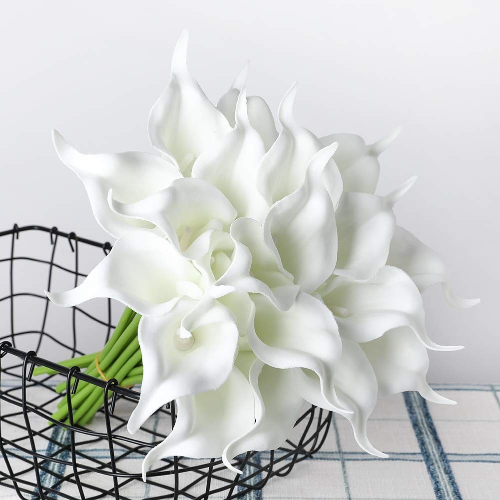 20Pcs Real Touch Artificial Calla Lily Flowers – White Latex for DIY Wedding Dec
