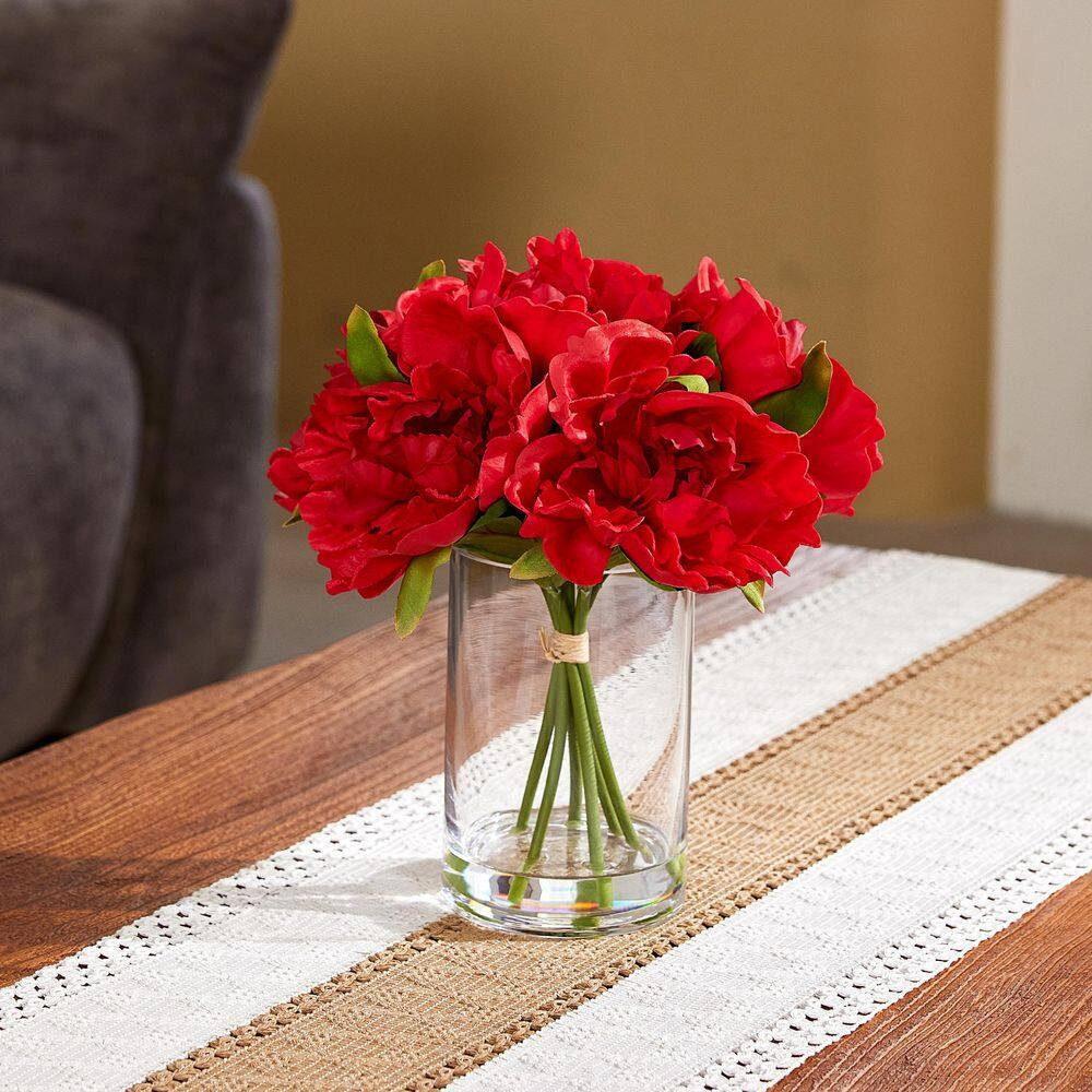 Faux Series 11 In. Red Indoor Artificial Silk Peony Bouquets with Stems for Home