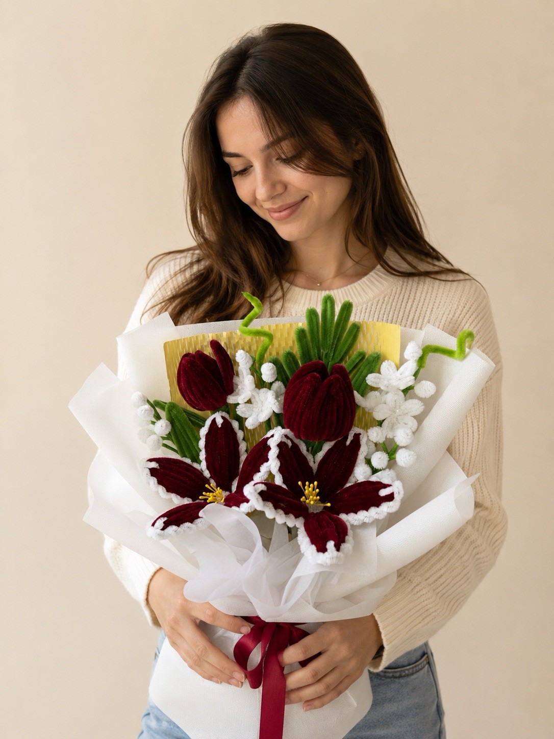 Artificial Flower Bouquet Red White Green Yellow Plastic 14in x 10in