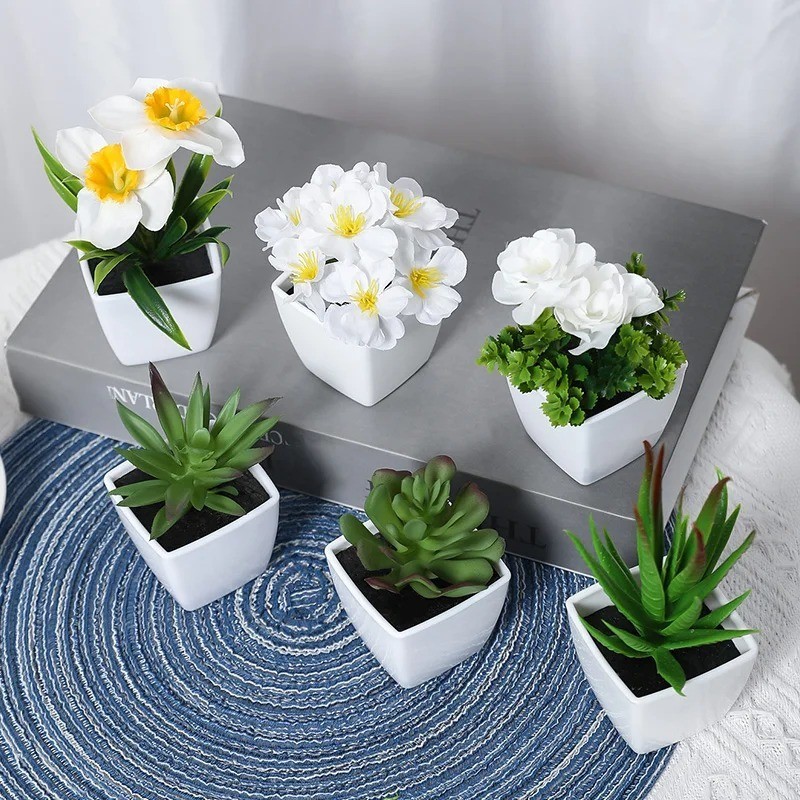 6PCS Artificial Mini Bonsai Plants Potted Greenery Home Office Desk Decor DIY