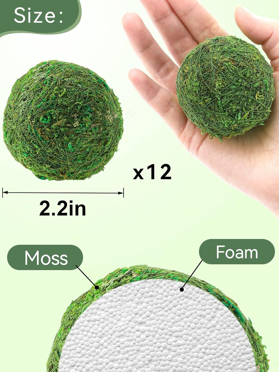 12Pack Decorative Faux Dried Moss Balls- 2.2″ Artificial Green Plant Mossy Globe