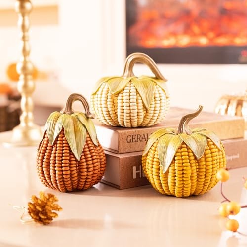 Fall Decorations for Home Pumpkins Decor, Set of 3 Resin Artificial Corn Large