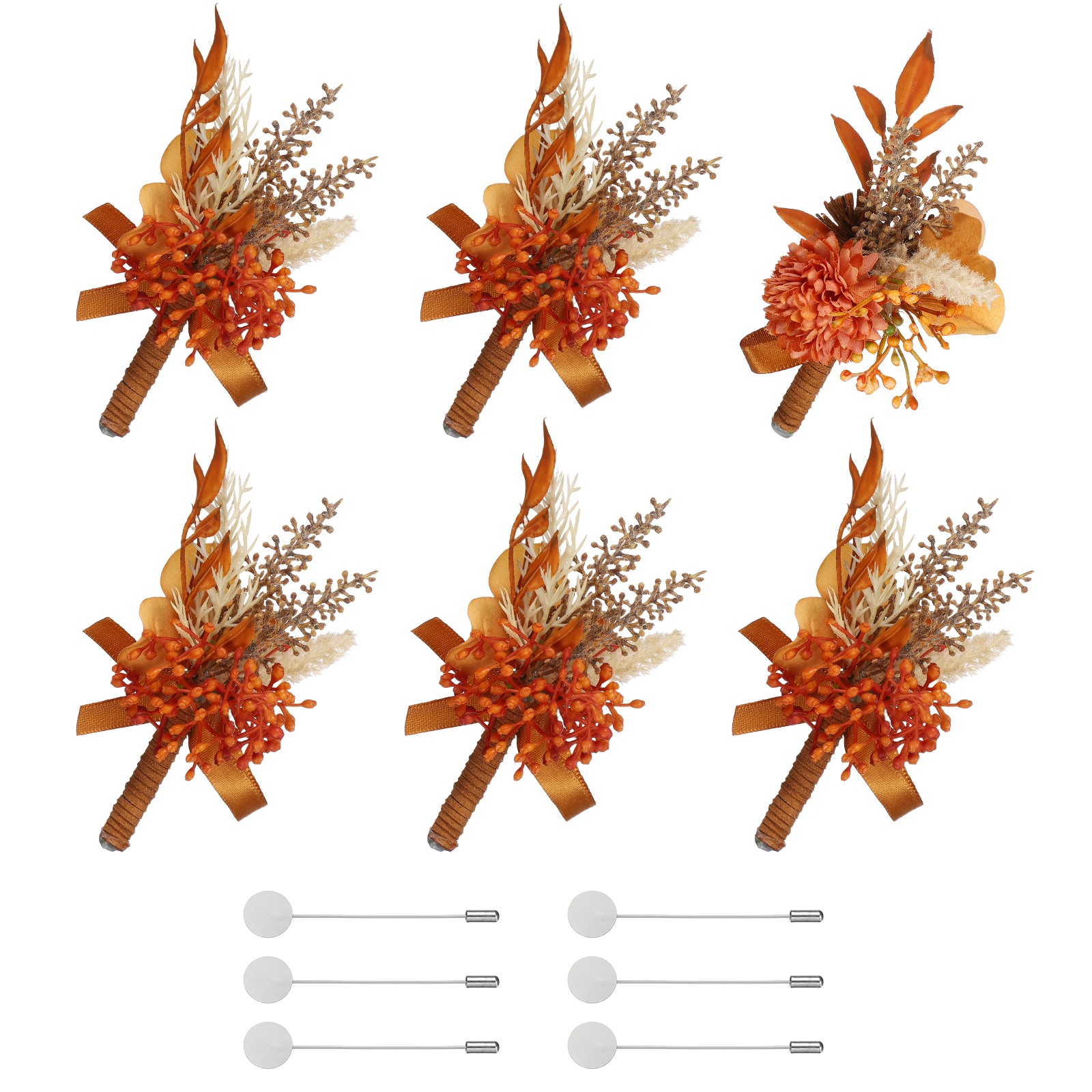 Mens Boutonnieres for Weddings, 6 Pcs Rose Boutonnieres, Orange/Taupe