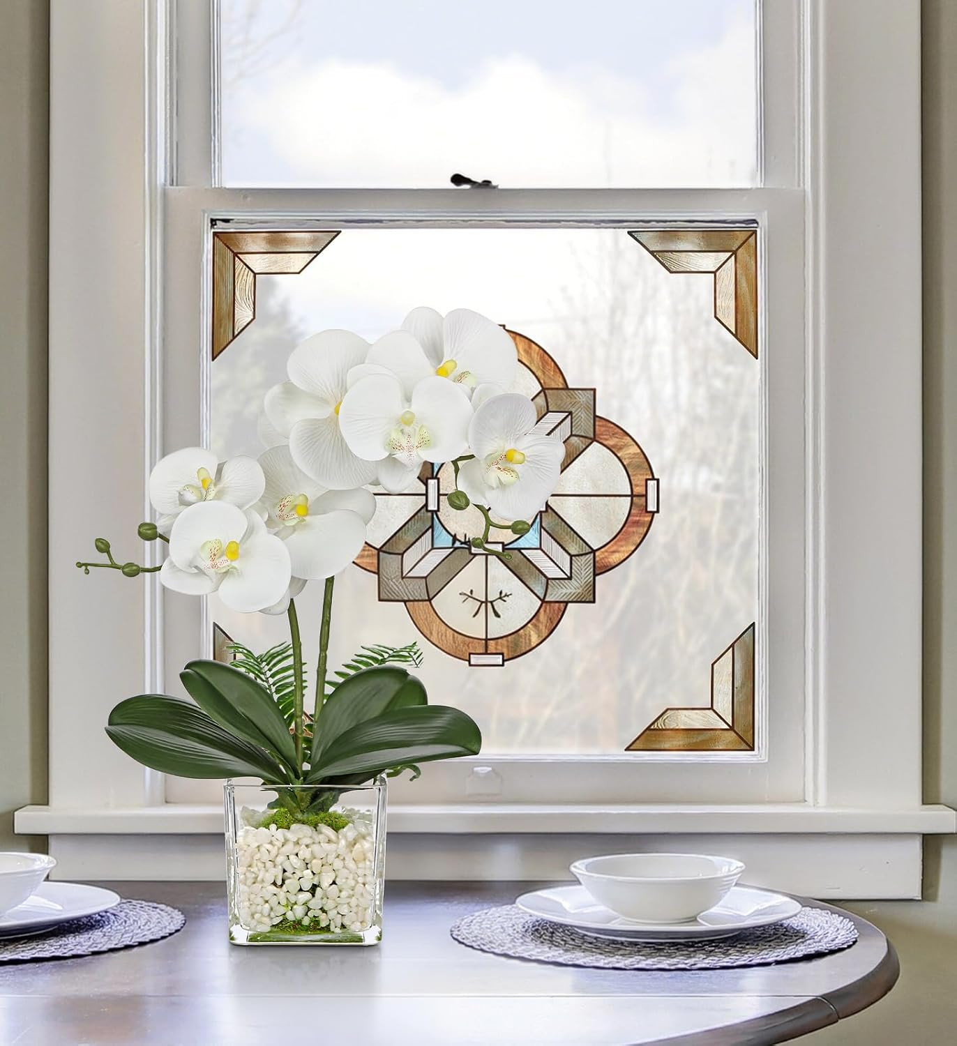 Elegant White Orchid Faux Flowers in Pot – 16.1″ Centerpiece Decor