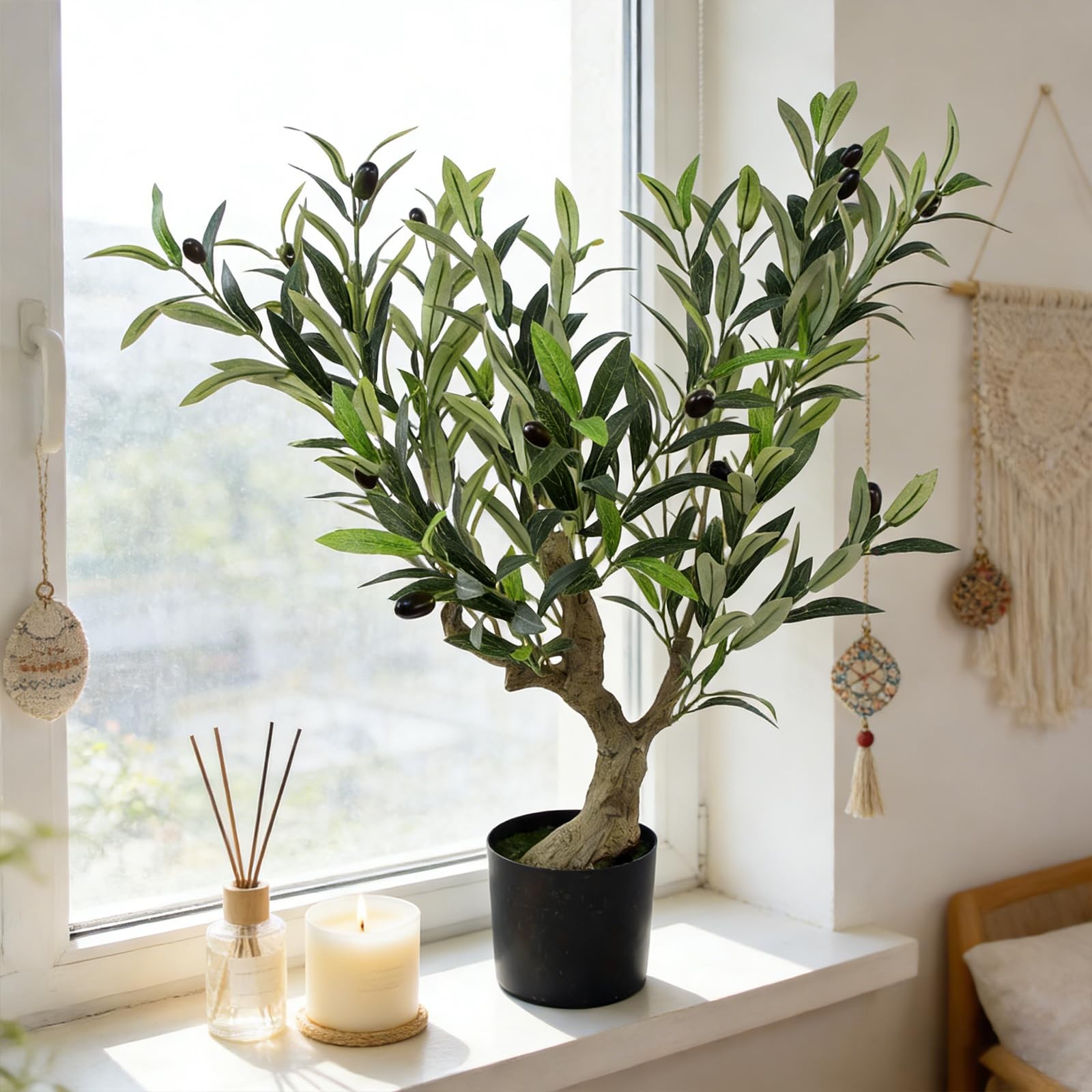 Artificial Olive Potted Tree, 28″ Tall Tabletop Fake Olive Tree with Fruits L…