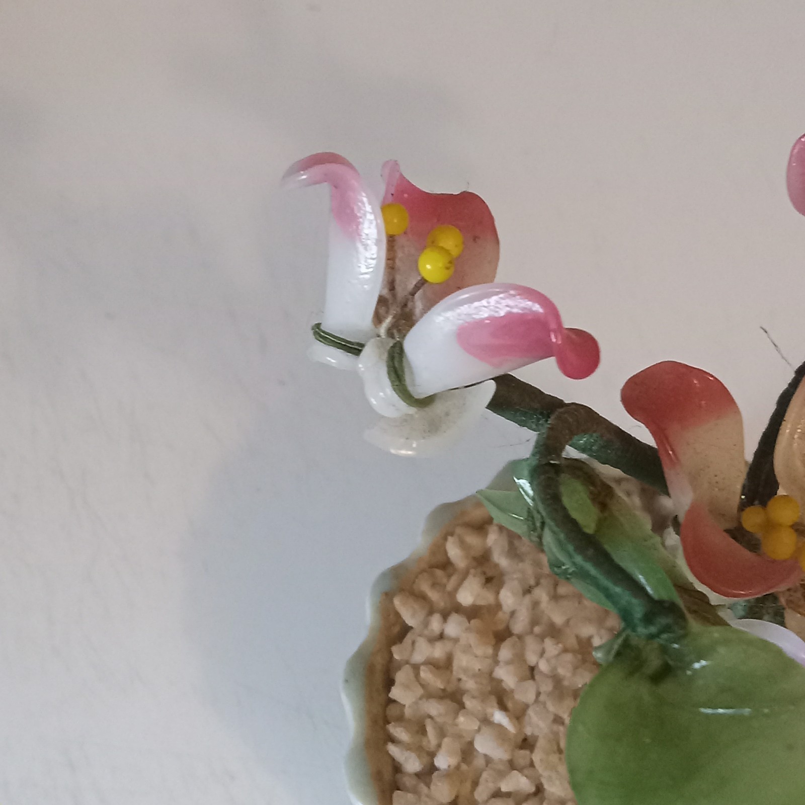 Vintage Chinese Rose Art Glass Flower Bonsai Tree With Glass Pedals