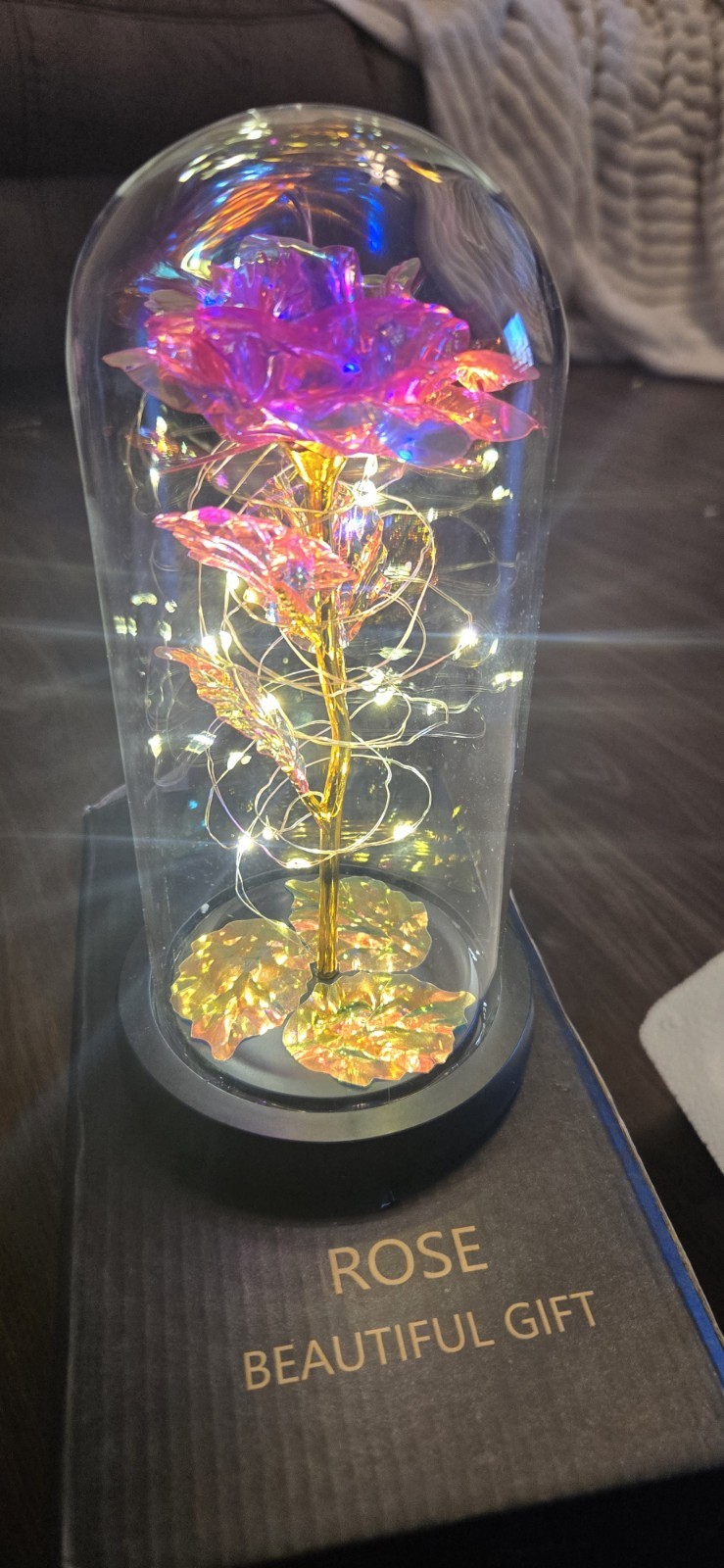 Light Up Rose Flower in a Glass Dome LED Lights Gift for Birtday / Holiday Pink