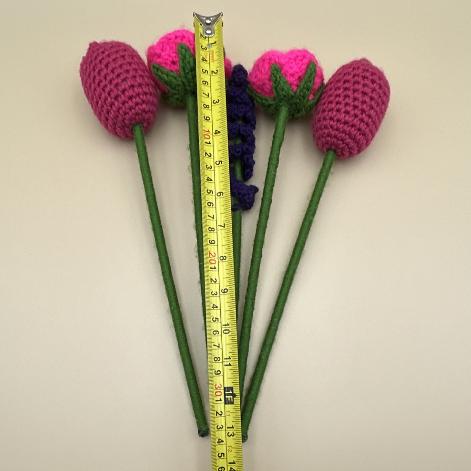 Handmade Yarn Crochet Flower Bouquet Pink Purple Green Rose Lavender Tulip