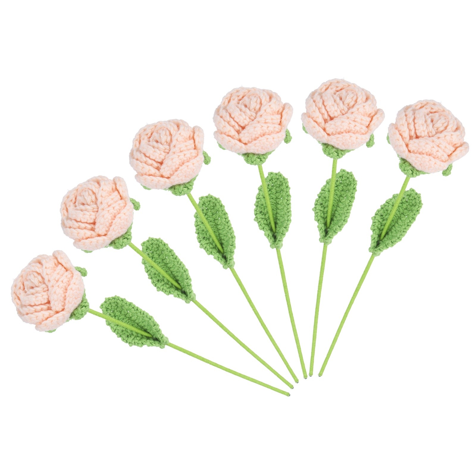 6Pcs Crochet Flower Rose Handmade Knitted Bouquet Beige,