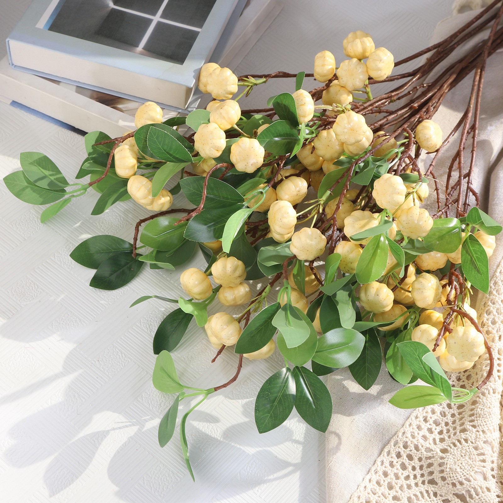Realistic Artificial Pumpkin Branch with Silk Green Leaves 27.56in/70cm