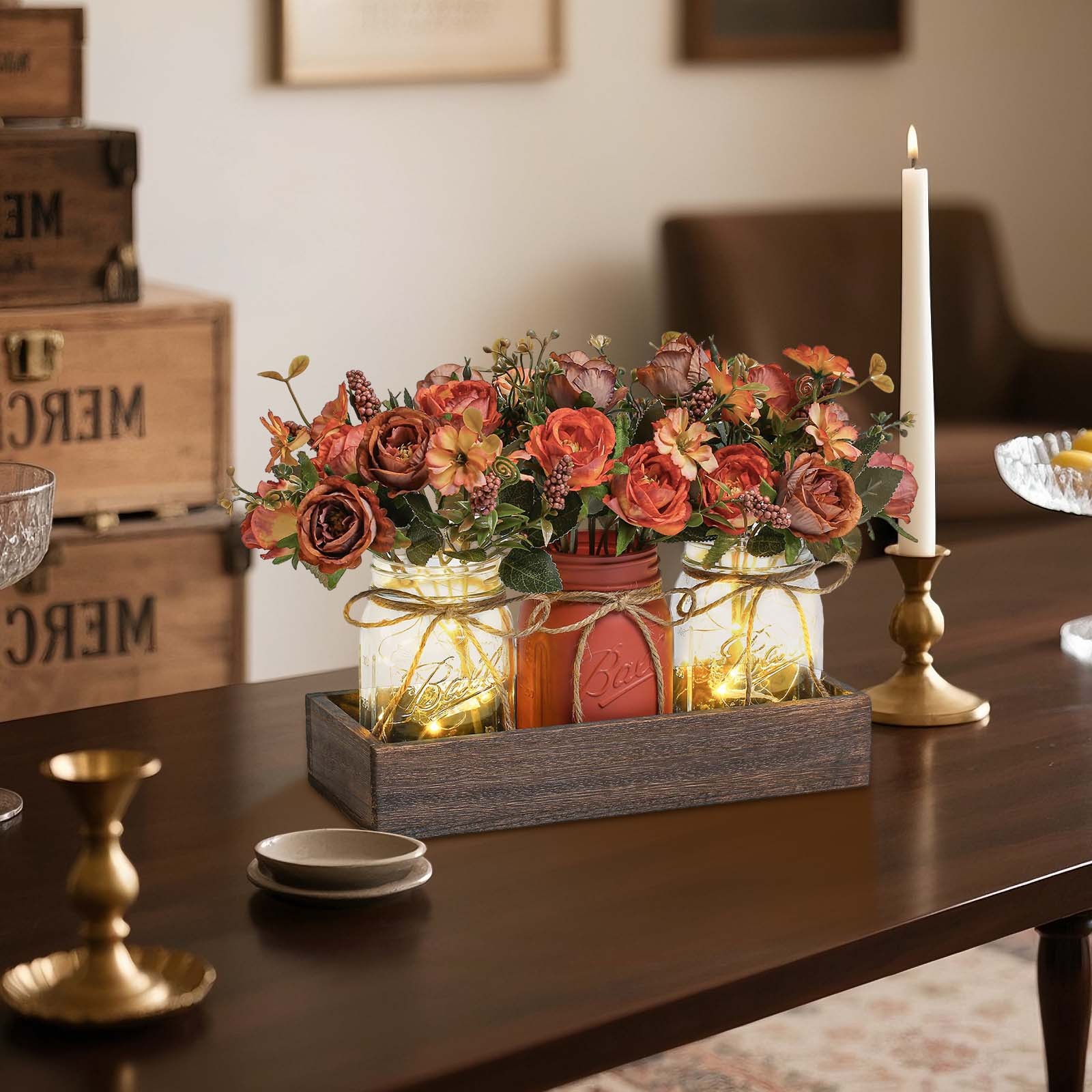 3-Piece Set Mason Jar with Artificial Flowers Rose Centerpiece Table Decoration