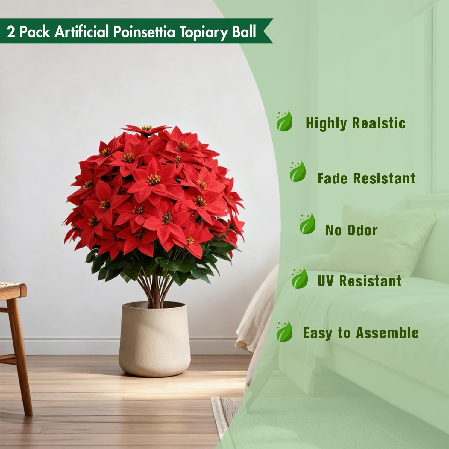 Set of 2 UV Resistant Artificial Poinsettia Topiary Trees for Holiday Decor