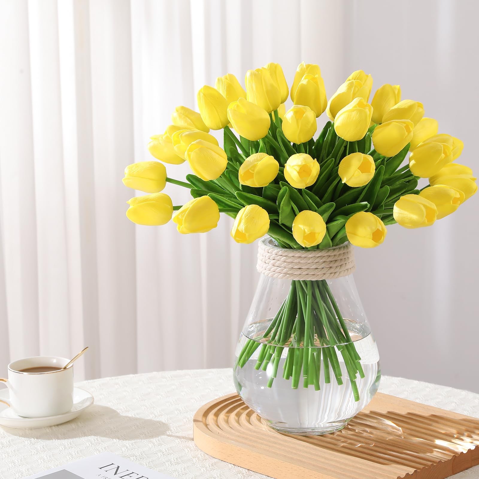 30 Pcs Artificial Tulips PU Faux Flowers, Yellow Real Touch Fake Tulips for V…