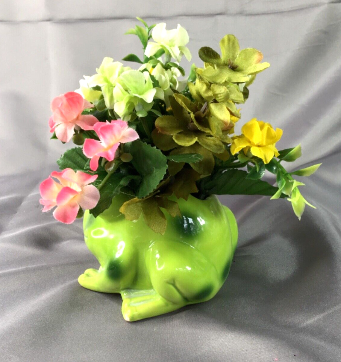 Precious Small Green Ceramic Frog Loaded with Pink Yellow & White Flowers