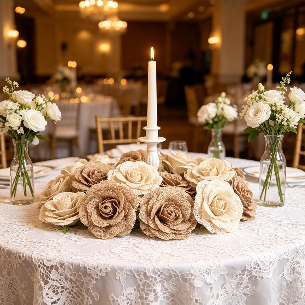 10 PCS Natural Burlap Rose Flowers, 3.94 Inches Large Handmade Rustic Jute Ro…