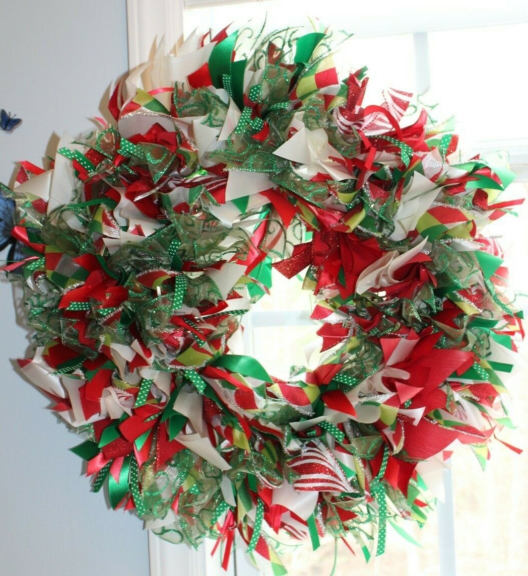 Christmas Winter Holiday Door Wreath Ribbons 23″ Red White Green Sparkle 24″ dia