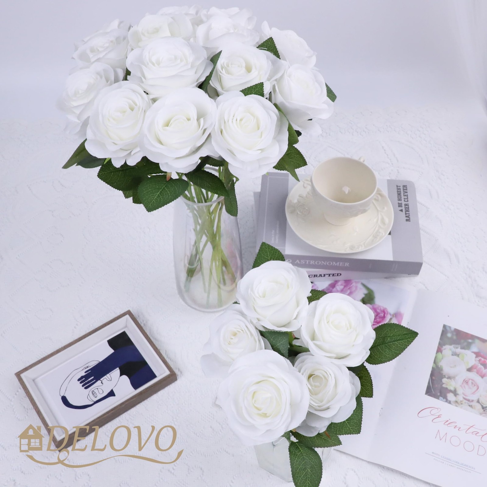 52pcs White Roses Artificial Flowers Ivory Fake Flowers Silk Roses with Stems…