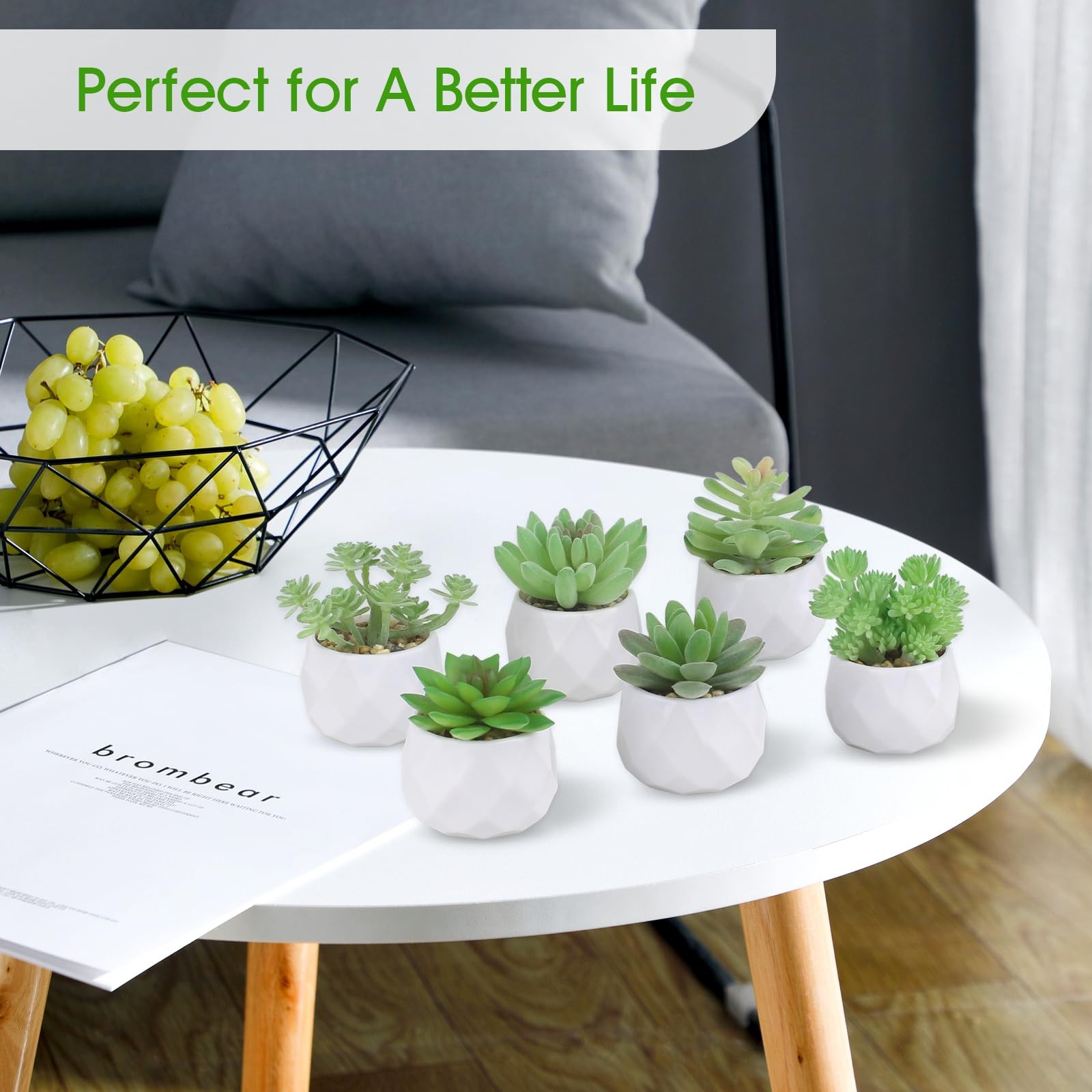 6 PCS Green Fake Succulent Plant Set Artificial Desk Realistic Faux Pots Mini