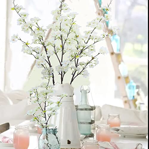 CISDUEO 3Pcs Artificial Cherry Blossom Flower Silk Peach Flowers Bulk White