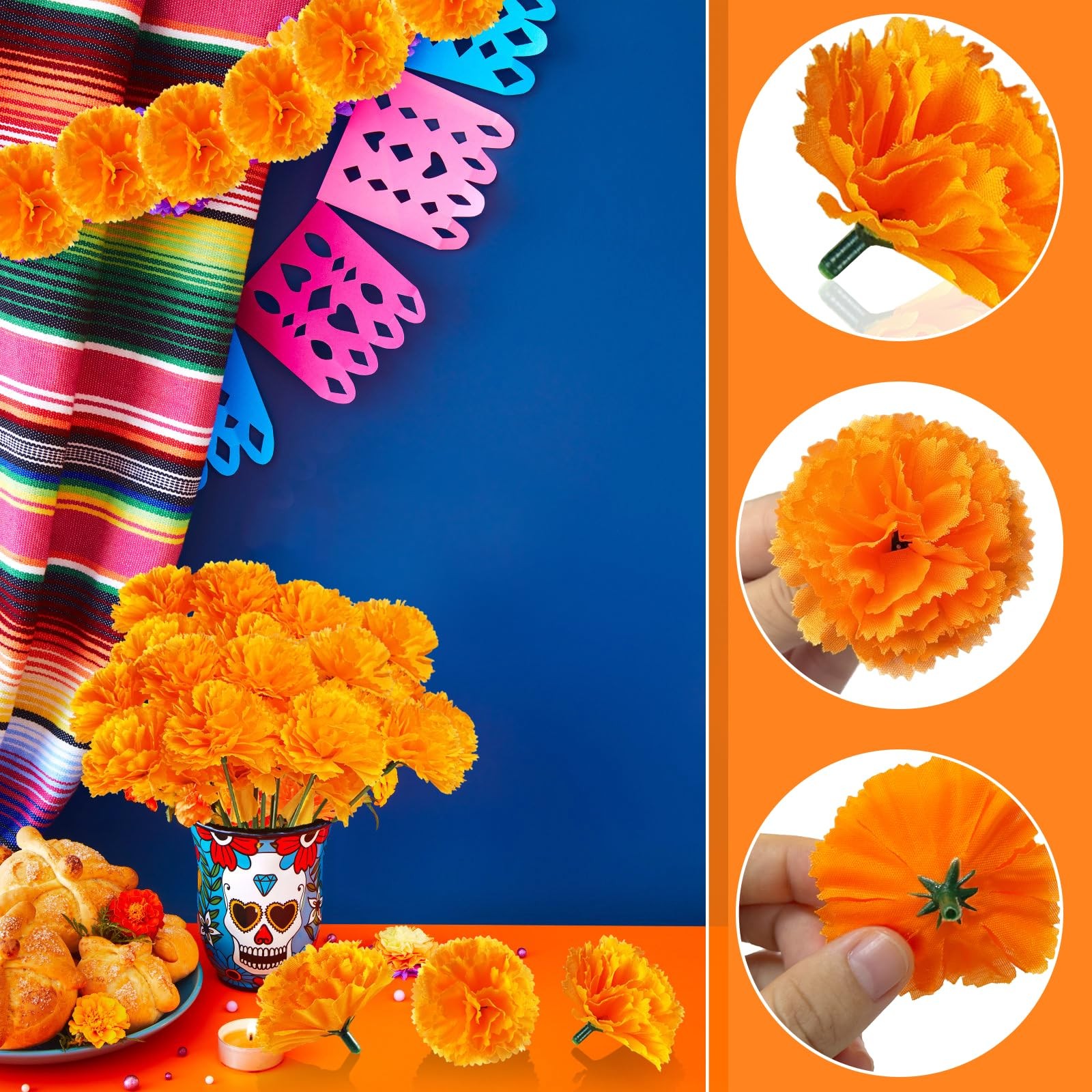 60 Pcs Marigold Flower Heads,Silk Artificial Marigold with Stems,Orange Fake …