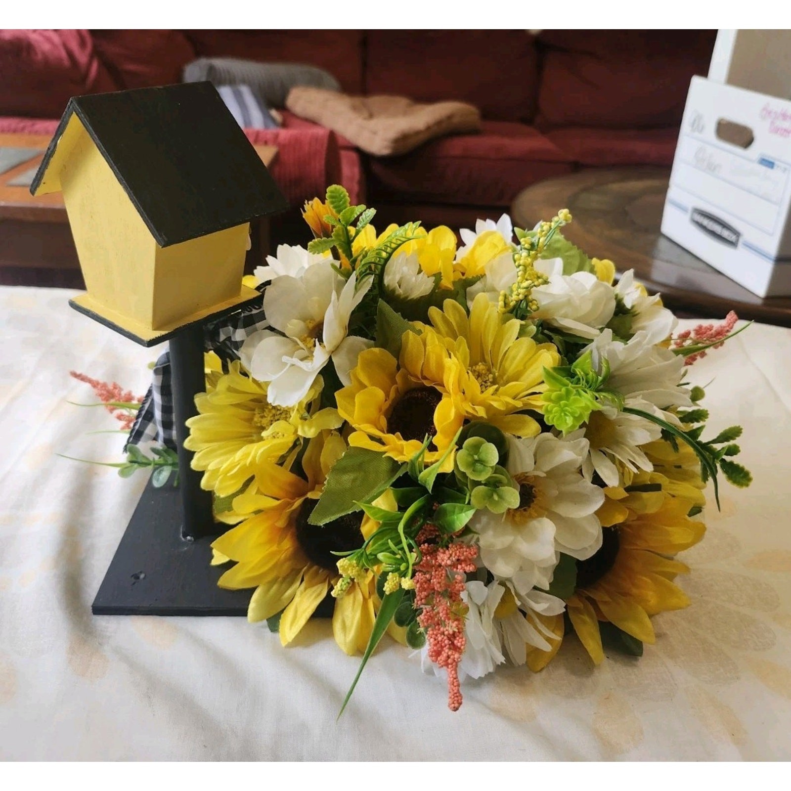 Bee Bird House Artificial Floral Arrangement Centerpiece Sunflowers Handmade