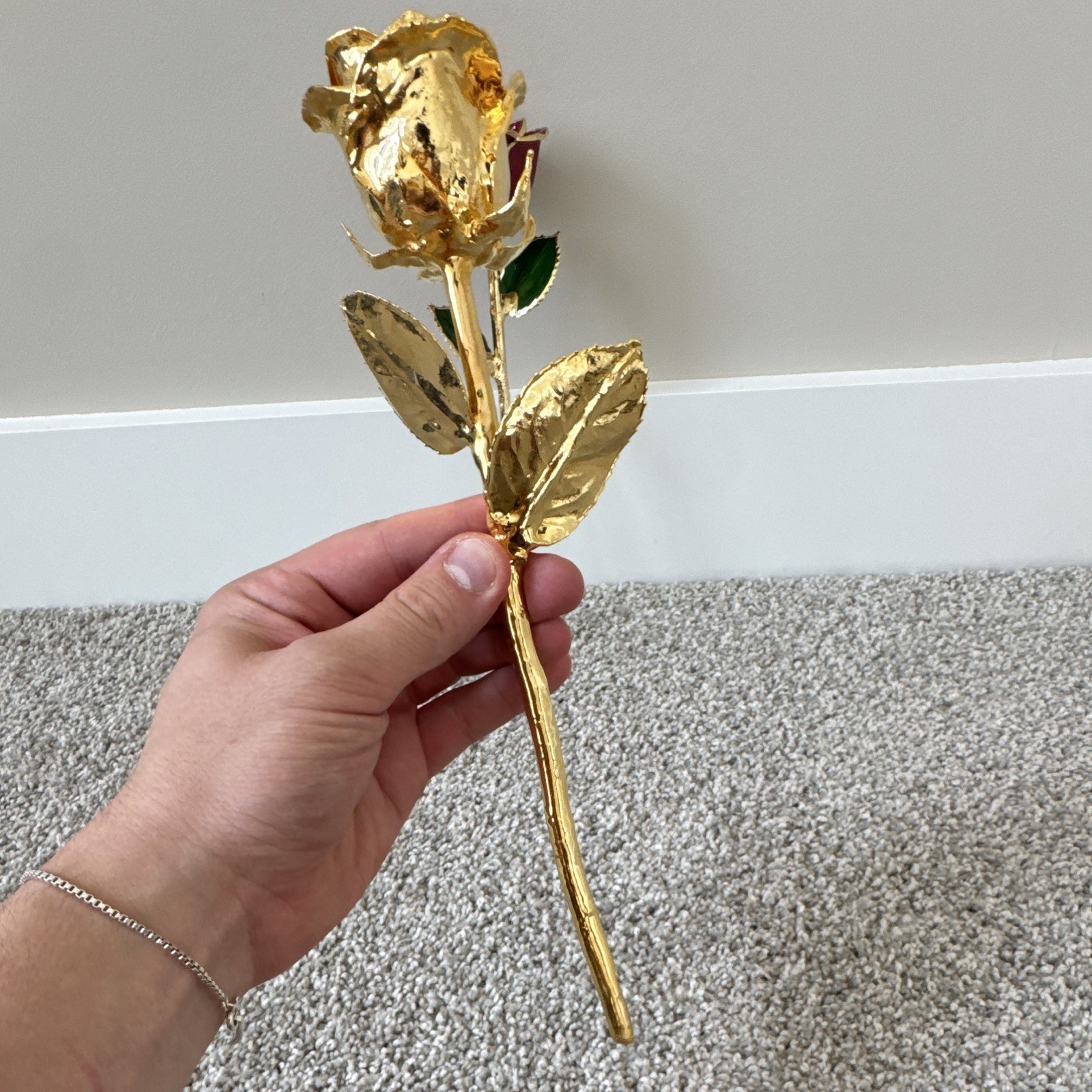 Gold Plated Artificial Rose Flower Stem Wall Decor 2pc Gold Red Green Floral