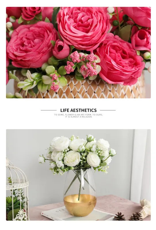 30cm Rose Pink Silk Peony Artificial Flowers Bouquet 5 Big Head and 4 Bud Cheap