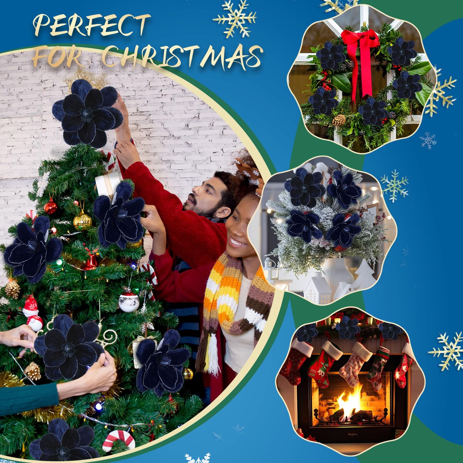 12 Pcs Large Velvet Christmas Poinsettia Magnolia Flowers Dark Blue Decor