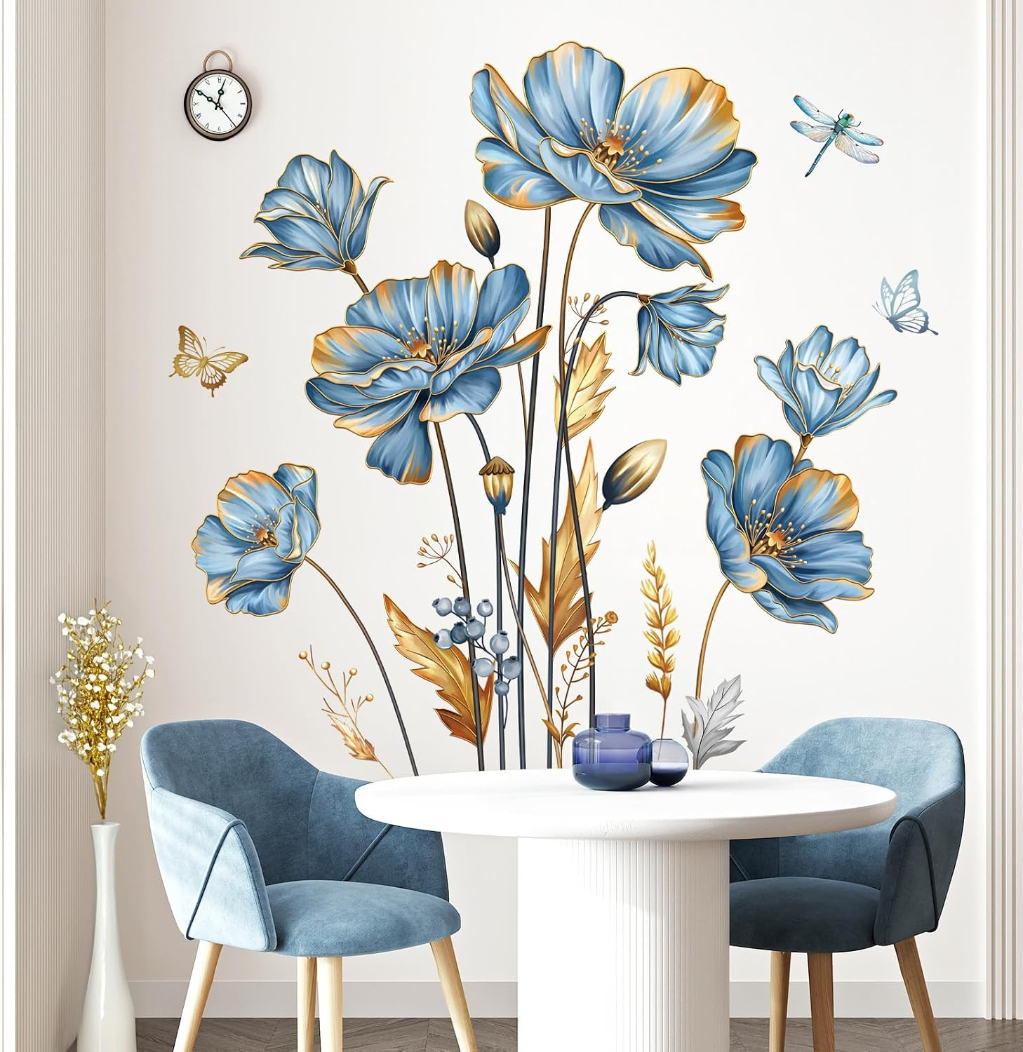 Large Blue Flower Wall Stickers Floral Butterfly Plants Gold Leaves Wall Decals