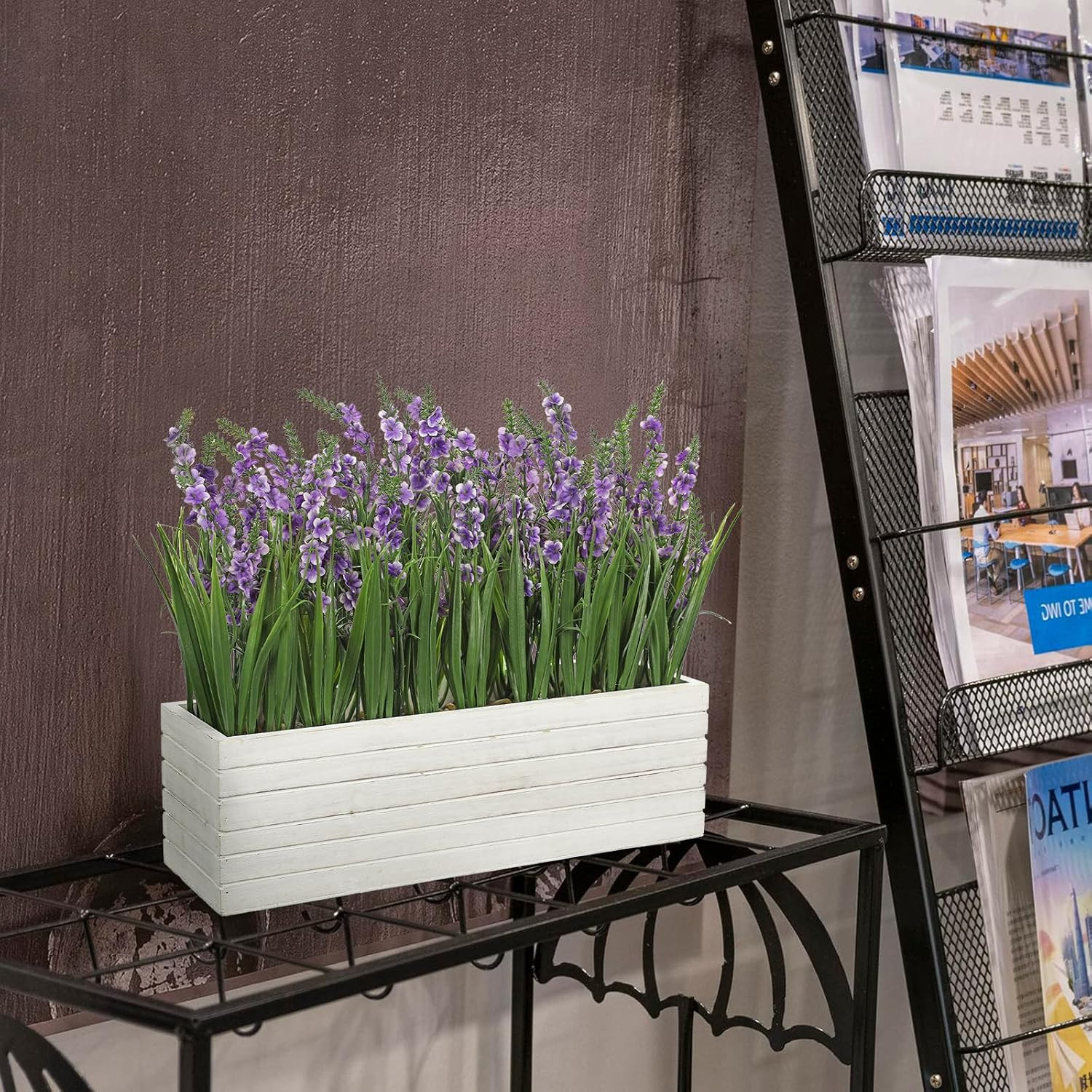 14″ Lavender Flower Arrangement in Rustic Wood Planter for Home Decor