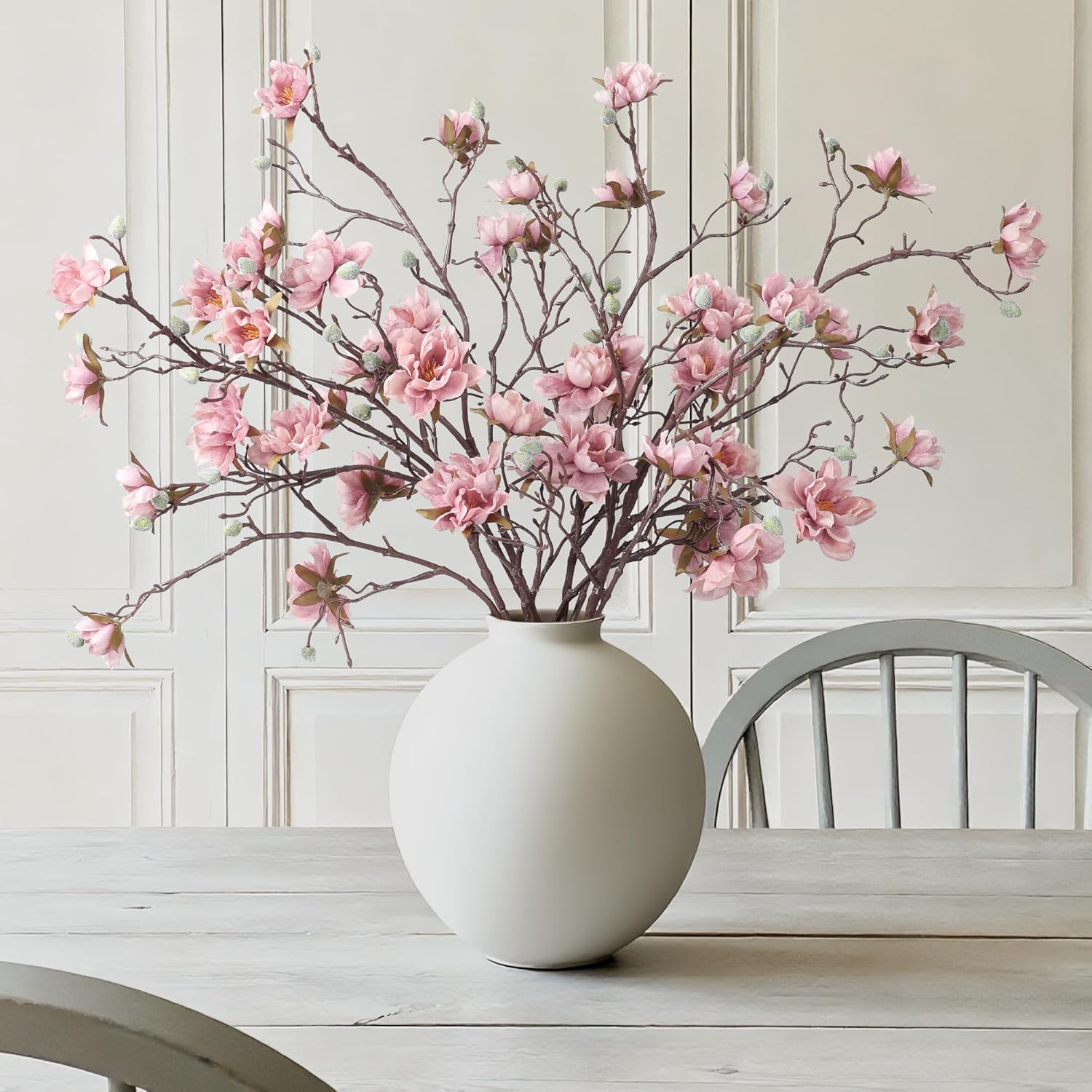 3PCS Artificial Magnolia Flowers Stems for Spring Decoration, Faux Champagne Mag