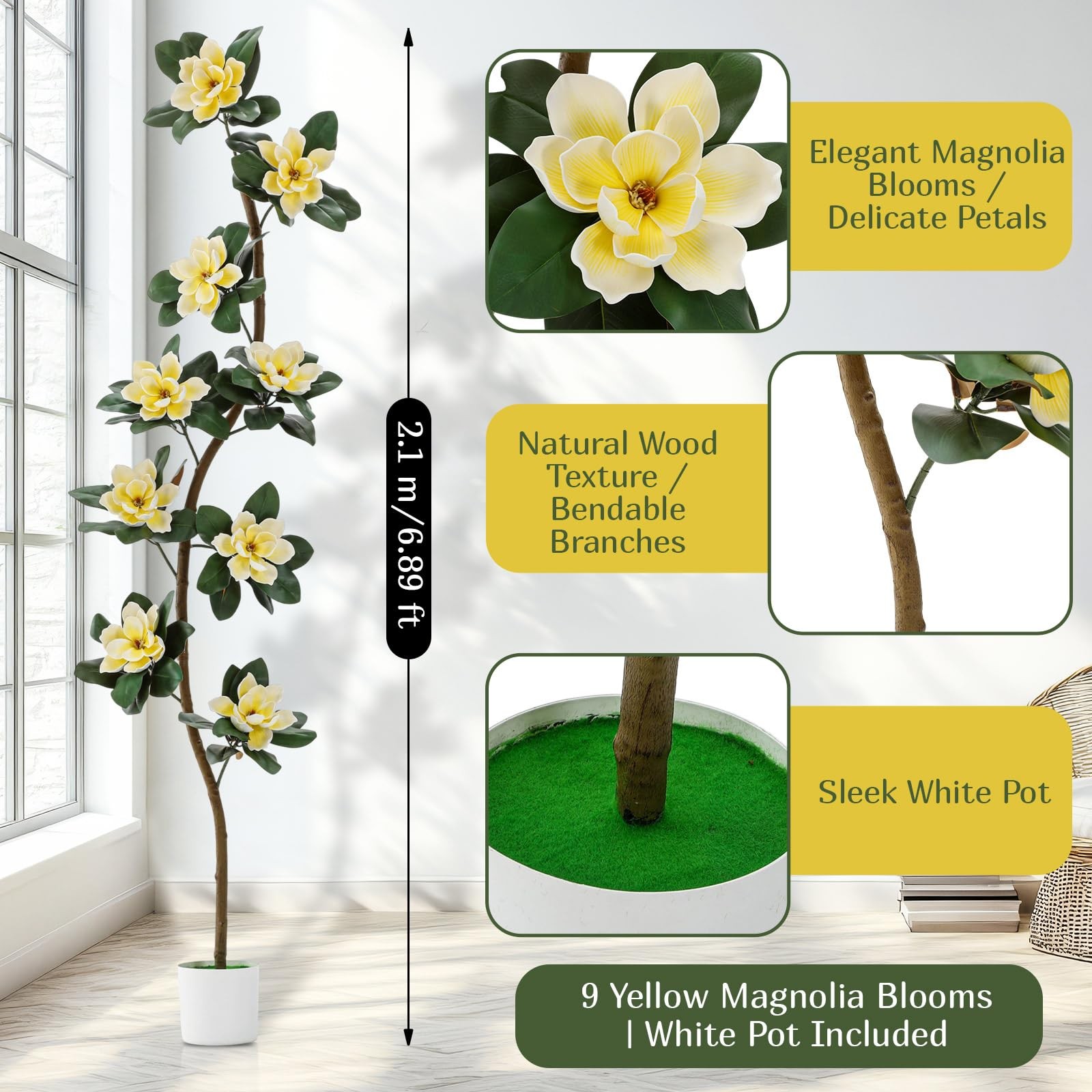 7 ft Artificial Tree with 9 Magnolia Flowers in Pot Extra Tall Faux Magnolia …