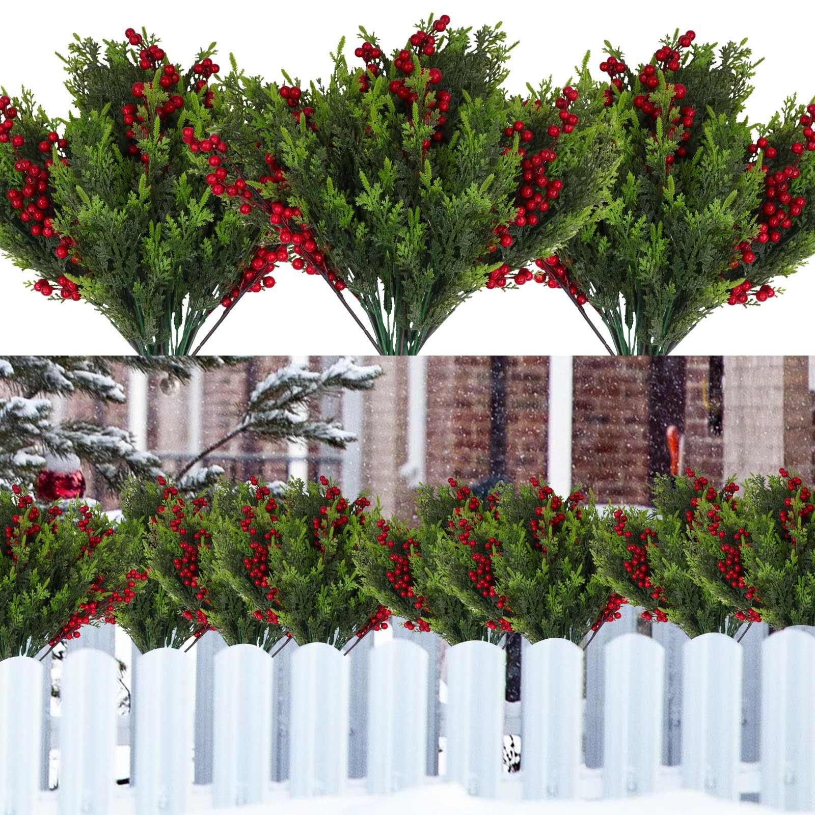 24 Pieces Large Christmas Artificial Plants Outdoor Fake Pine Branch Red Berr…
