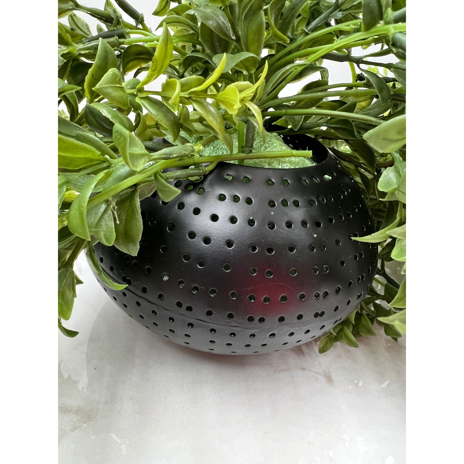 Artificial Trailing Greenery in Black Perforated Metal Globe Pots Set of 2