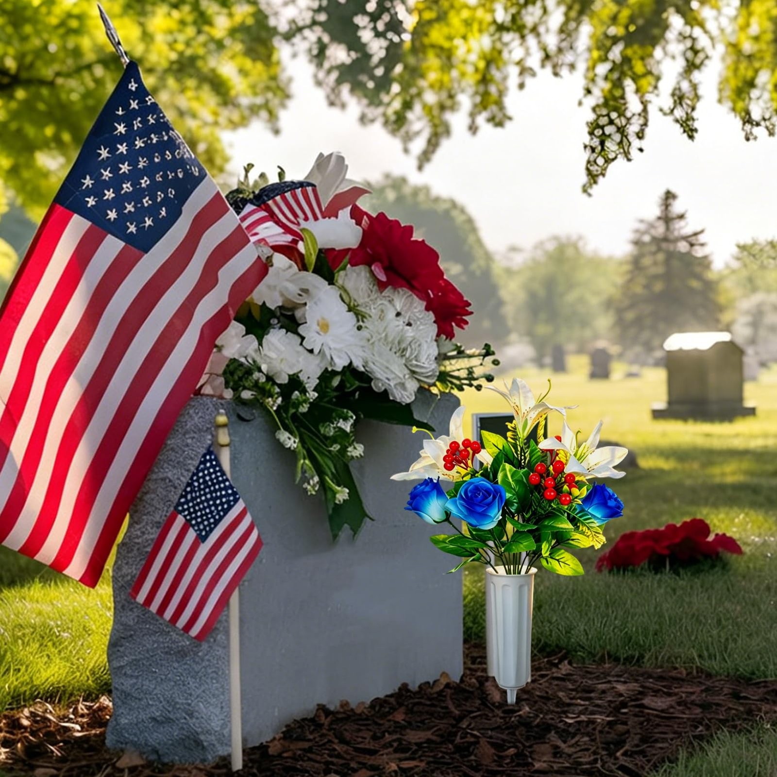 2 Bouquets Artificial Red White Blue Flowers for Cemetery – Realistic Patriot…