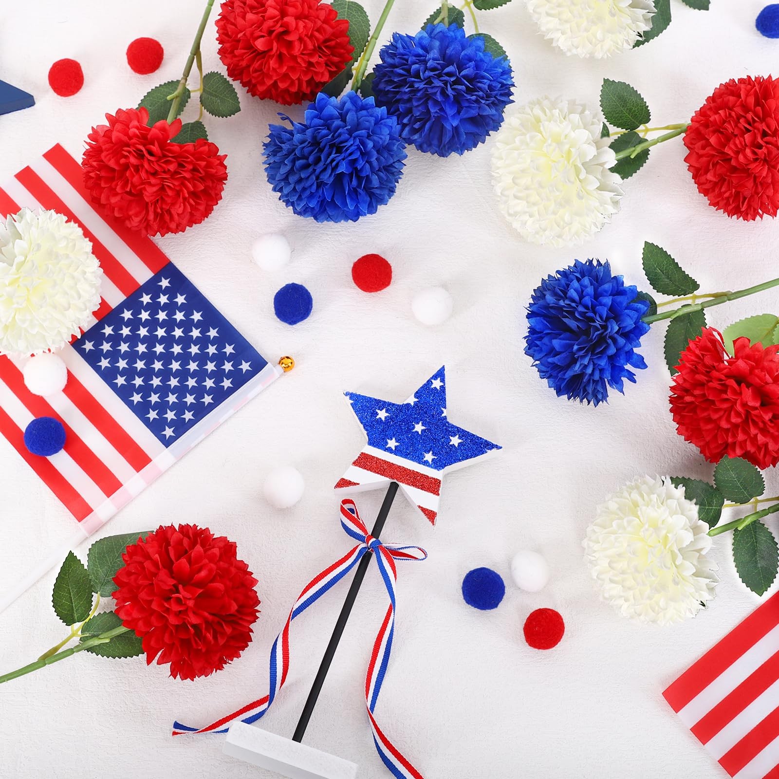 12 PCS Artificial Chrysanthemums Flowers 4th Of July Silk Red White Blue Mums