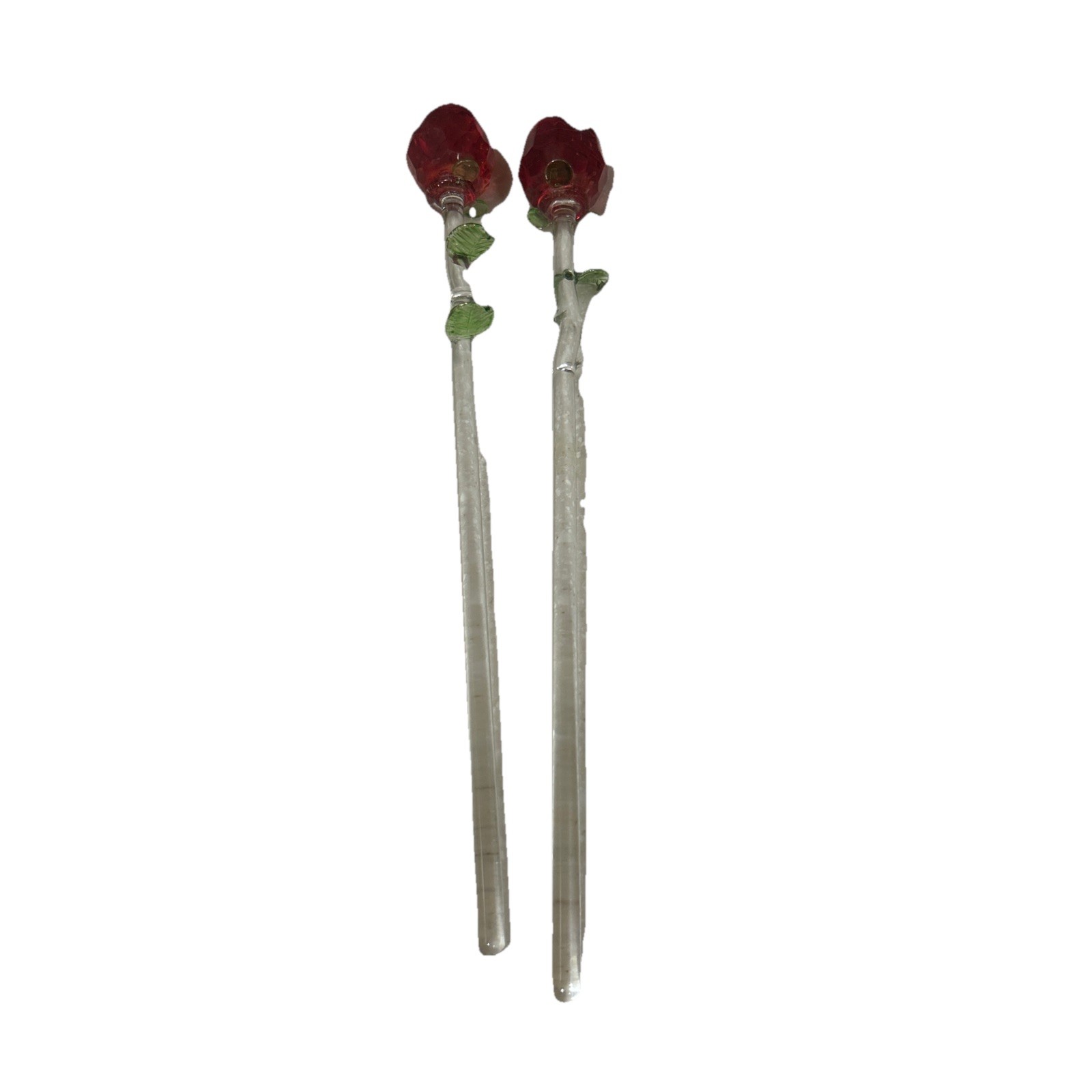 Lot 2 Crystal Glass Red Rose Clear Green Stem 13” In Tact (missing some petals)