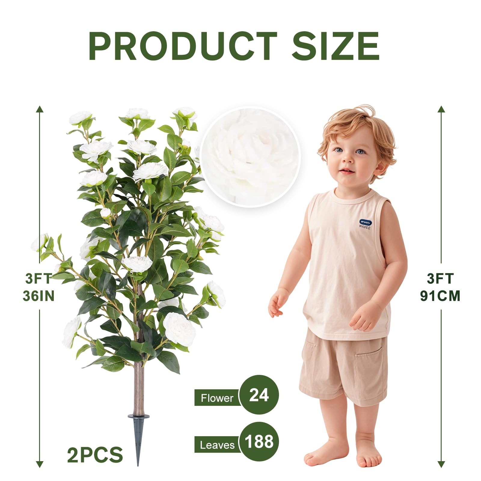 2-Pack 3FT White Artificial Camellia Bushes, UV Resistant Lifelike Faux Flowe…