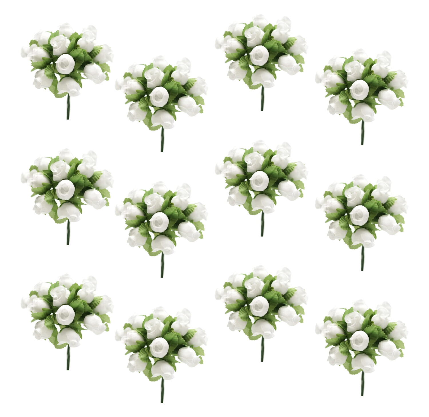 White Artificial Silk Flower Roses – 12 Mini Bouquets of 12 Rosebuds, 144 Total
