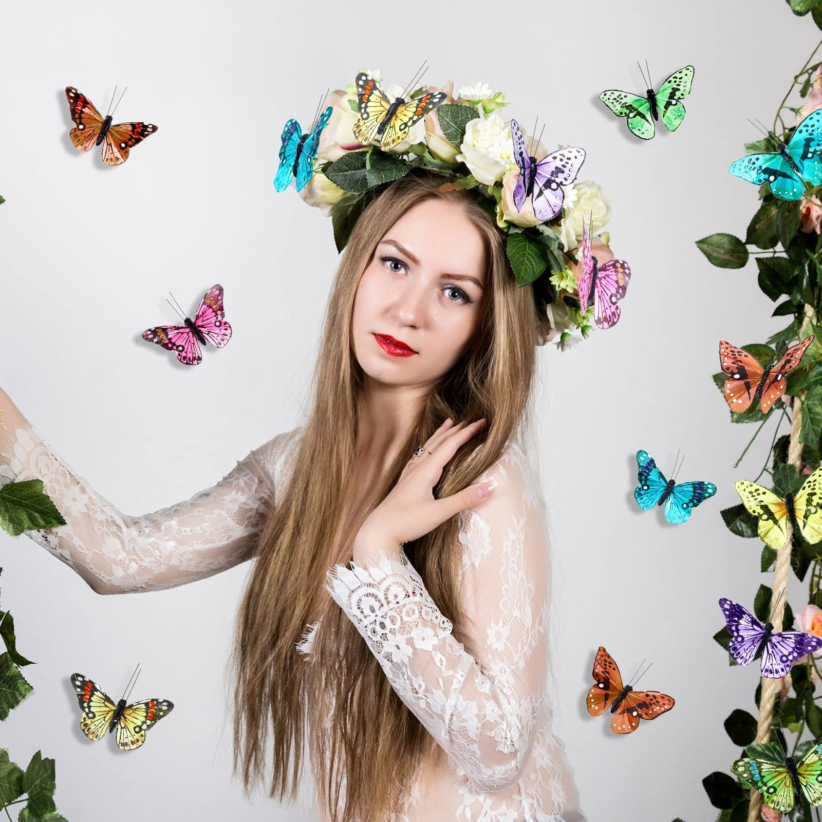 Ysleen 12 Set Monarch Butterfly Decoration Artificial Butterflies Feather Picks