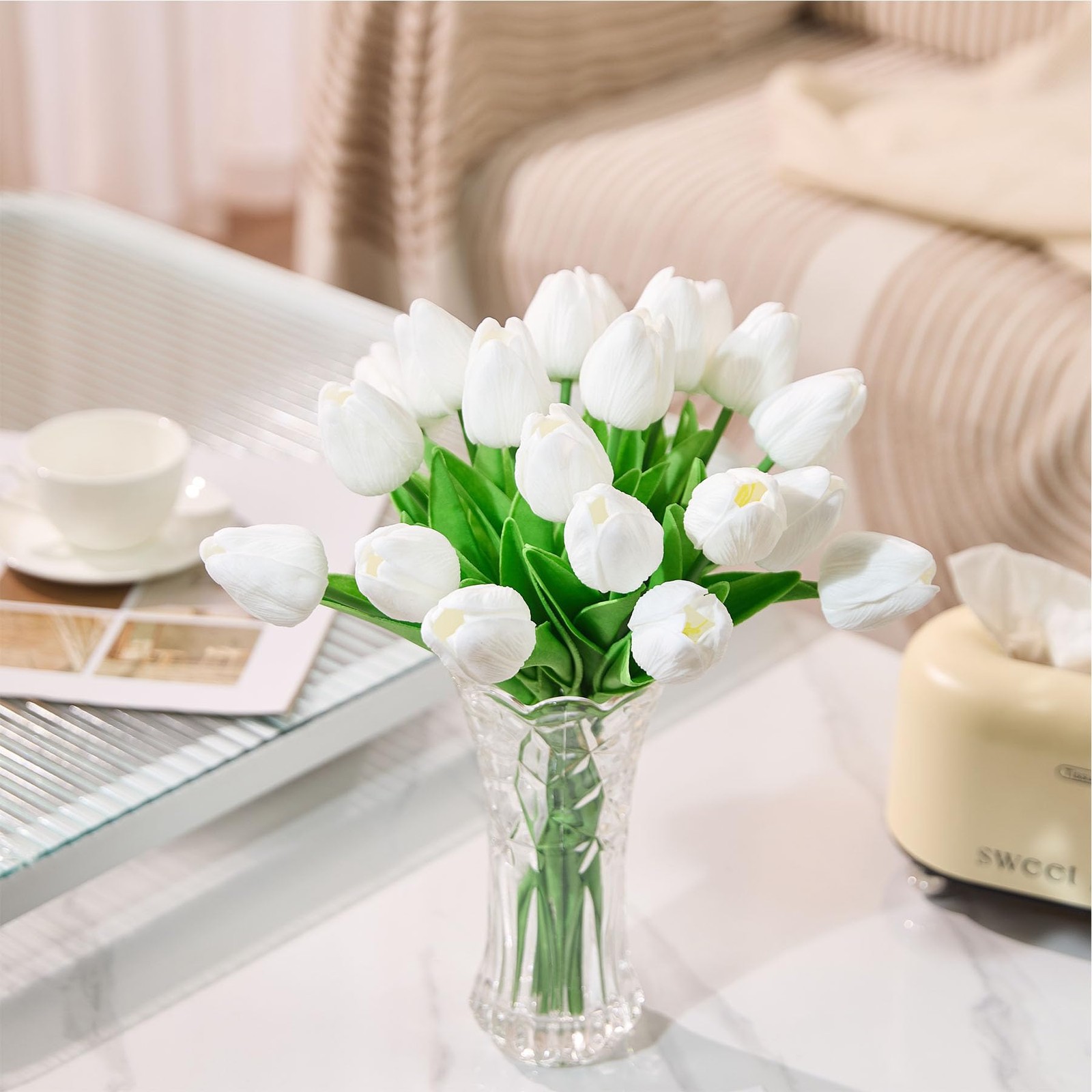 30 PCS 13 Inch White Tulips Artificial Flowers Real Touch Silk Home Wedding