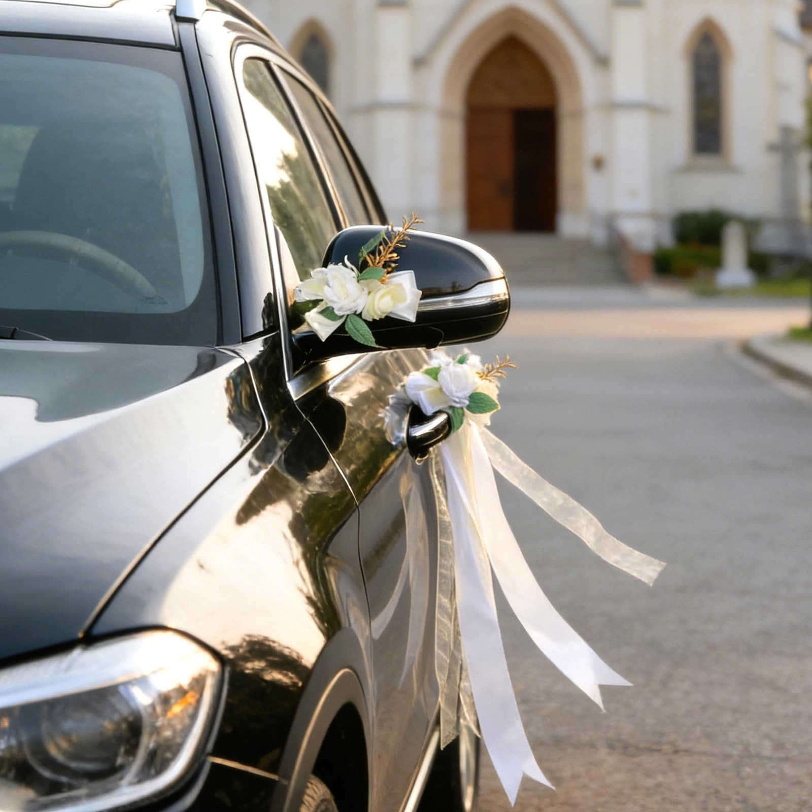 6 PCS Ivory White Rose Wedding Car Decor Kit Door Handle Rearview Mirror Flower