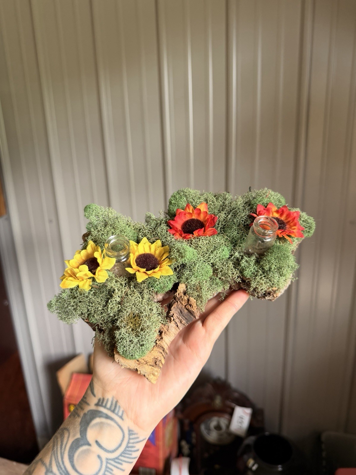 Rustic Woodland Moss Floral Centerpiece W Glass Bud Vases On Natural Bark Wood