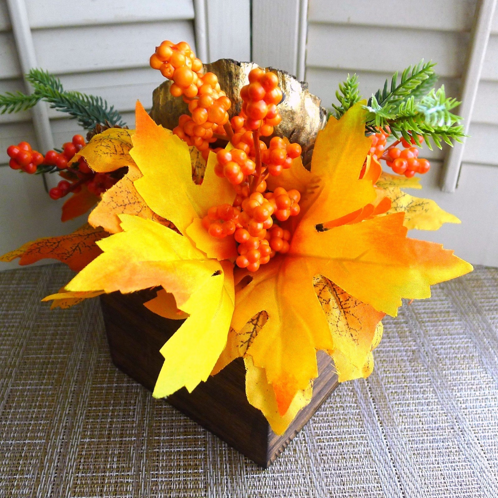 Petite Rustic Fall Floral Arrangement, Gold Lotus, Berries, Pine, Autumn Leaves