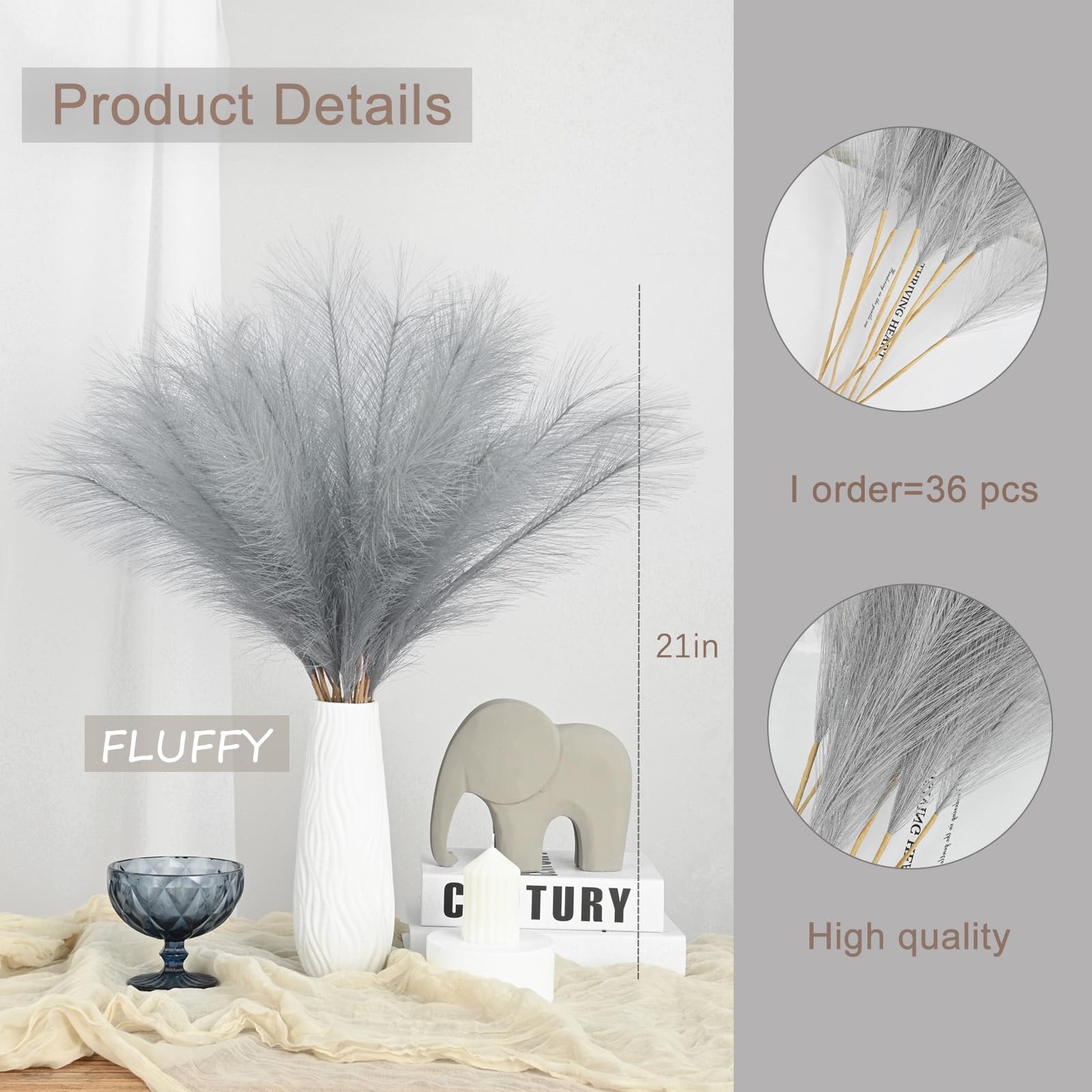 36PCS Grey Faux Pampas Grass 21.7 Inch, Small Artificial Pampas Grass Decor f…